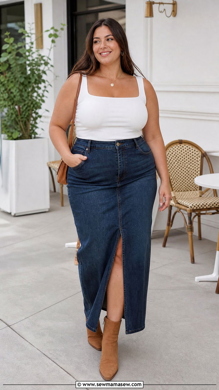 Plus Size Bodycon Top With Denim Maxi Skirt - 20 plus size bodycon top outfit ideas