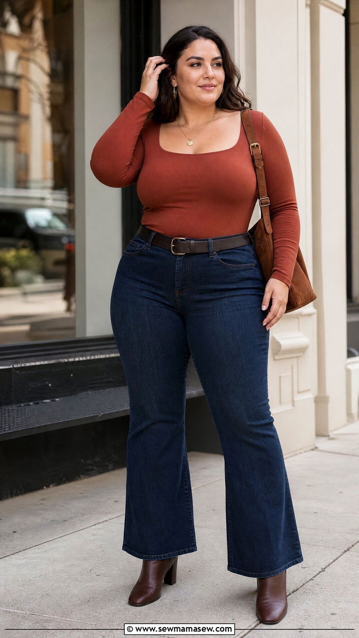 Plus Size Bodycon Top With Flare Jeans - 20 plus size bodycon top outfit ideas