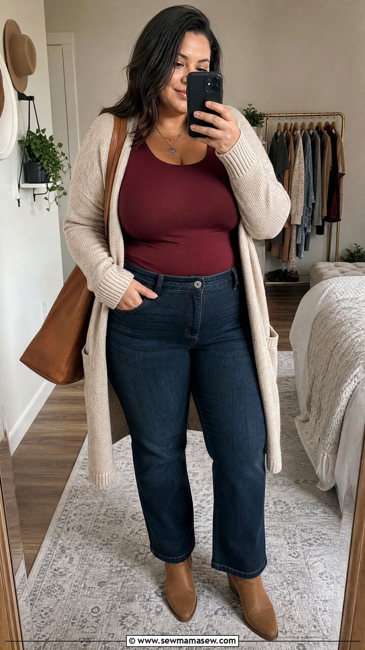 Plus Size Bodycon Top With Long Cardigan And Jeans - 20 plus size bodycon top outfit ideas
