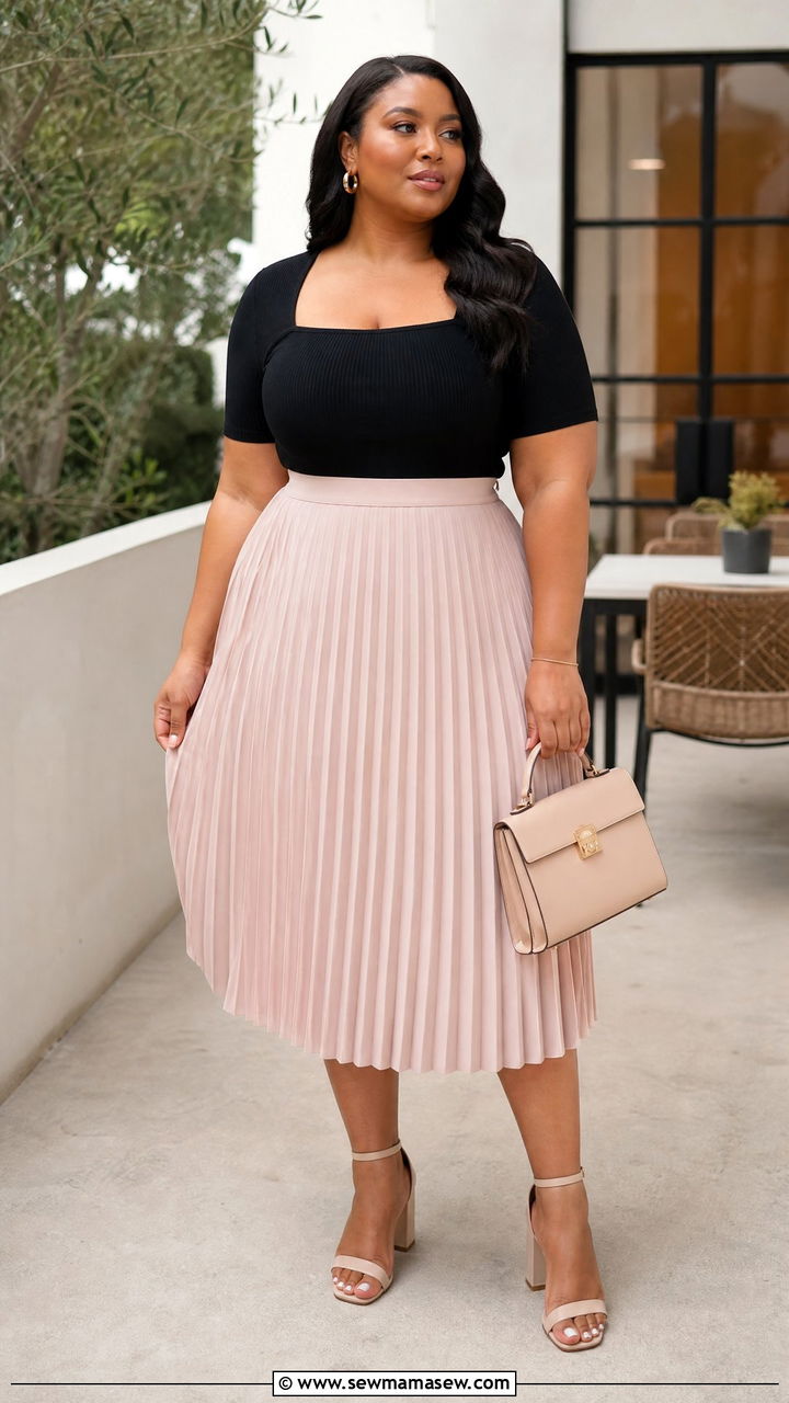 Plus Size Bodycon Top With Pleated Midi Skirt - 20 plus size bodycon top outfit ideas