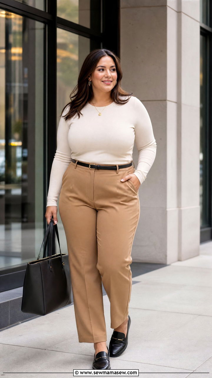Plus Size Bodycon Top With Straight Leg Trousers - 20 plus size bodycon top outfit ideas
