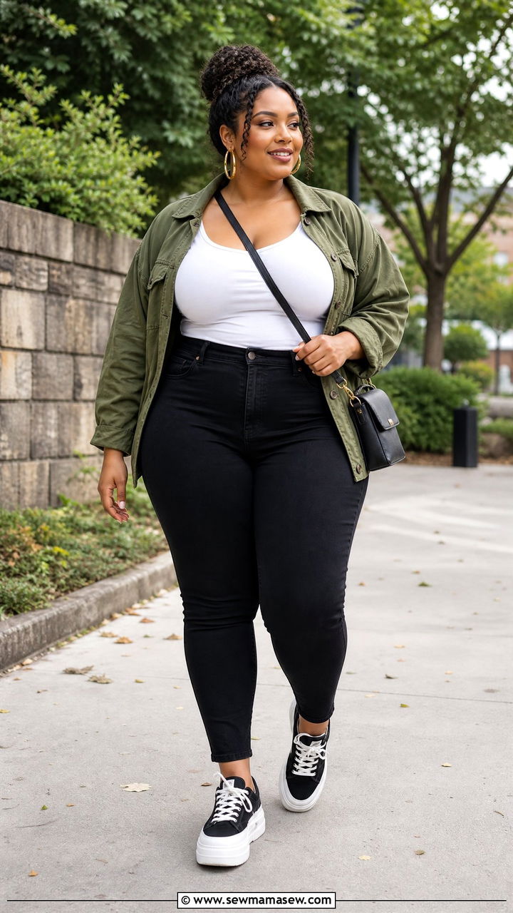 Plus Size Bodycon Top With Utility Jacket And Black Jeans - 20 plus size bodycon top outfit ideas