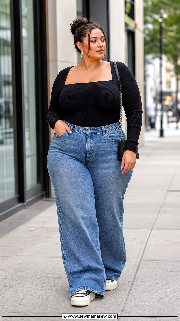 Plus Size Bodycon Top With Wide Leg Jeans - 20 plus size bodycon top outfit ideas