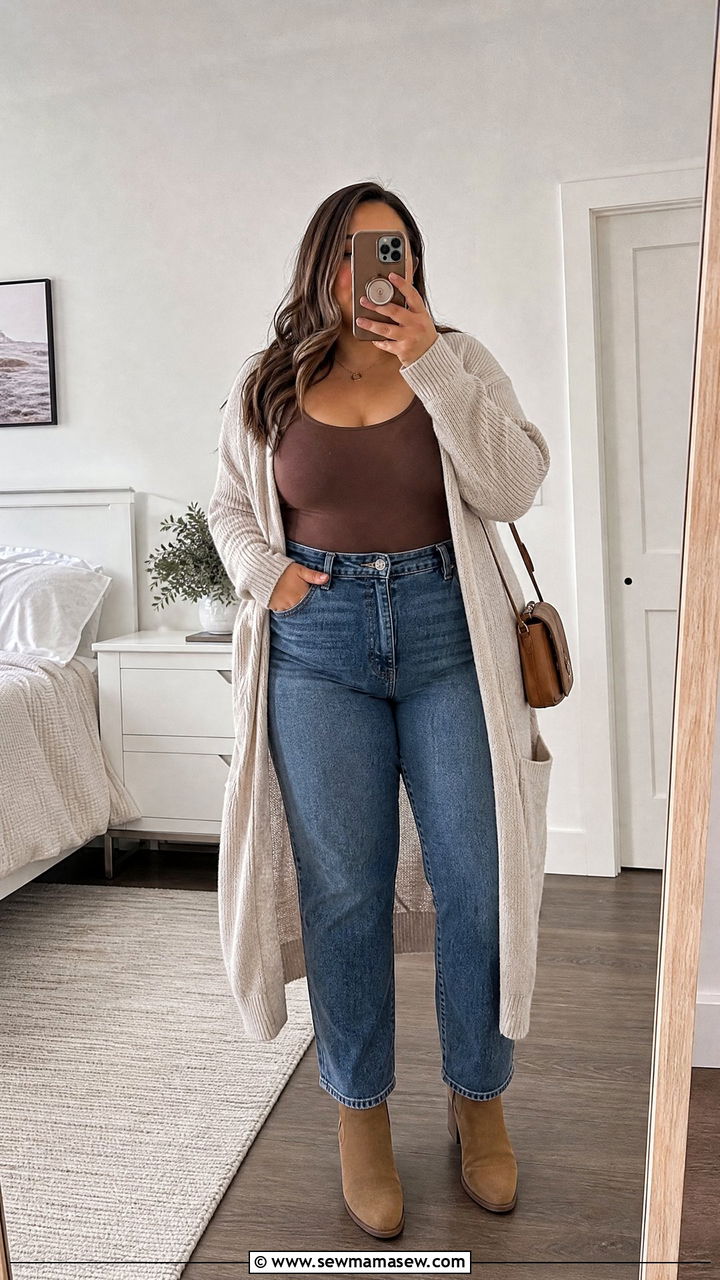 Plus Size Bodysuit With Cardigan And Jeans - 20 plus size bodysuit top outfit ideas