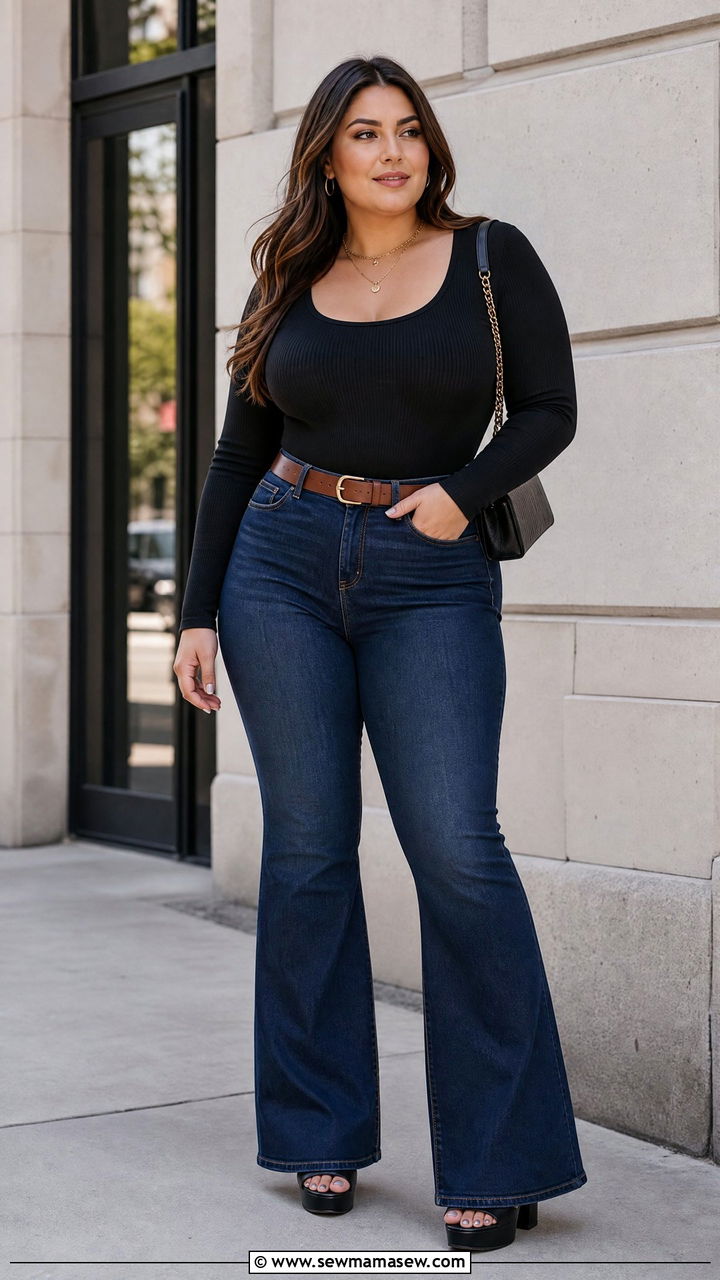 Plus Size Bodysuit With Flare Jeans - 20 plus size bodysuit top outfit ideas