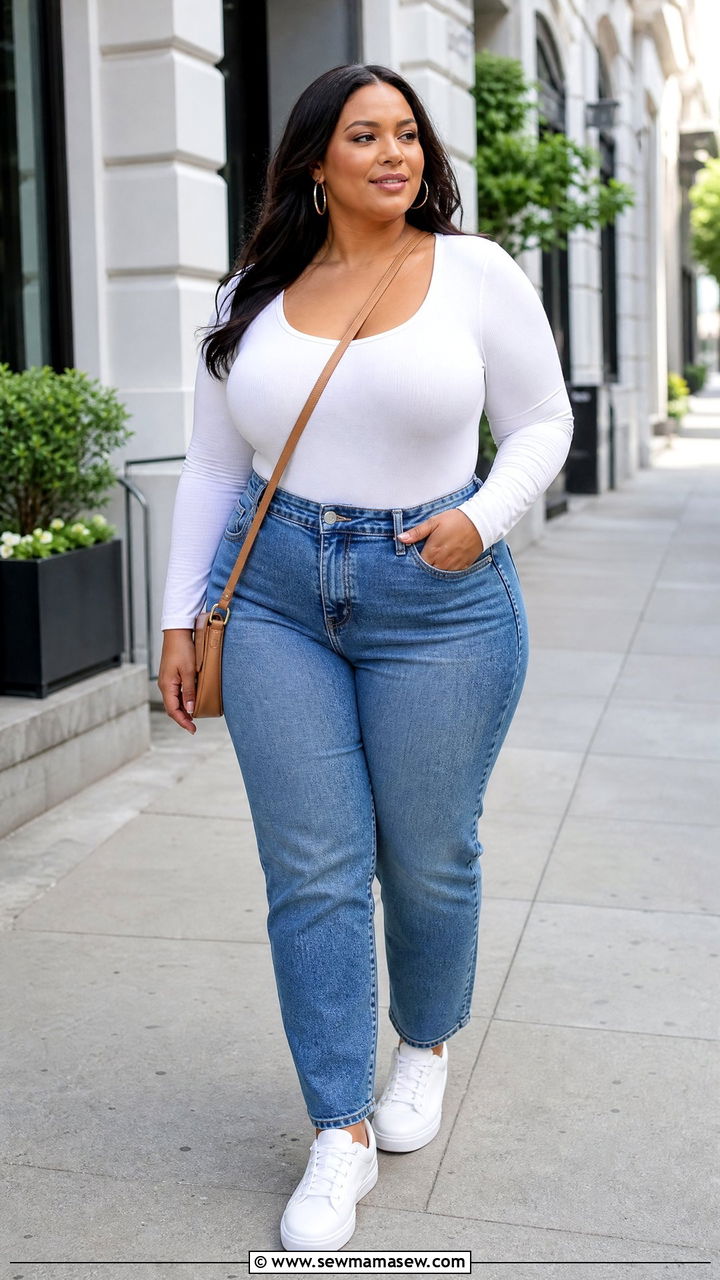 Plus Size Bodysuit With High Waisted Jeans - 20 plus size bodysuit top outfit ideas
