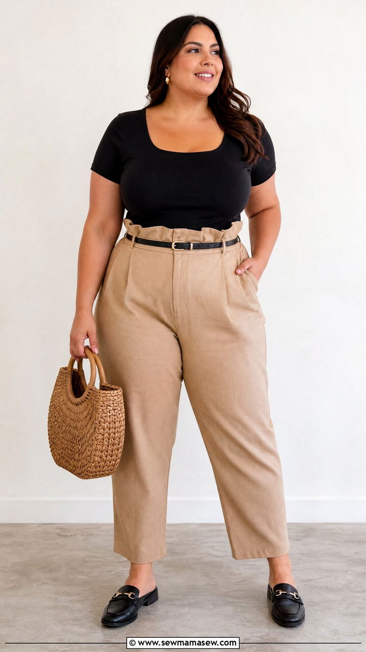 Plus Size Bodysuit With Paperbag Pants - 20 plus size bodysuit top outfit ideas