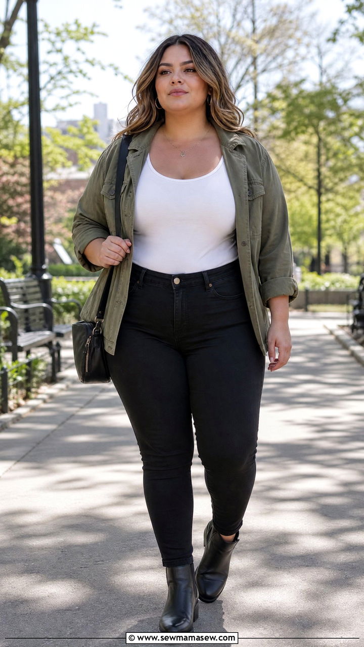 Plus Size Bodysuit With Utility Jacket - 20 plus size bodysuit outfit ideas
