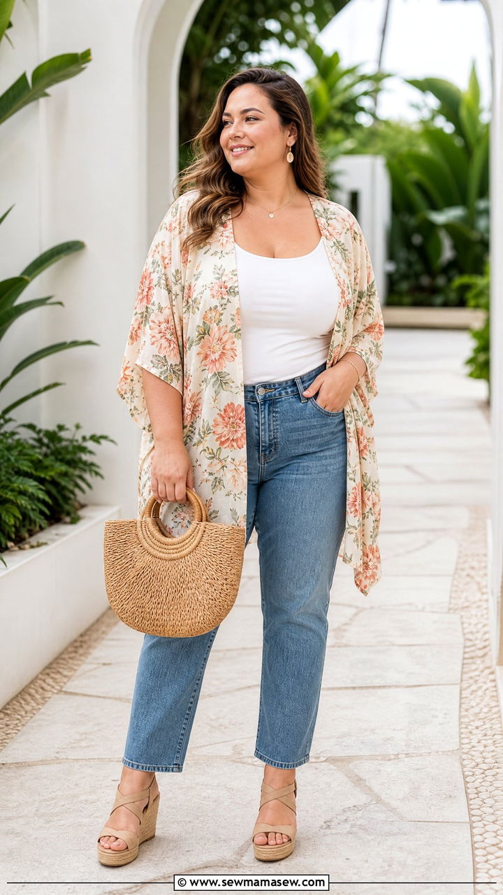 Plus Size Boho Kimono Top With Tank And Jeans - 20 plus size boho top outfit ideas