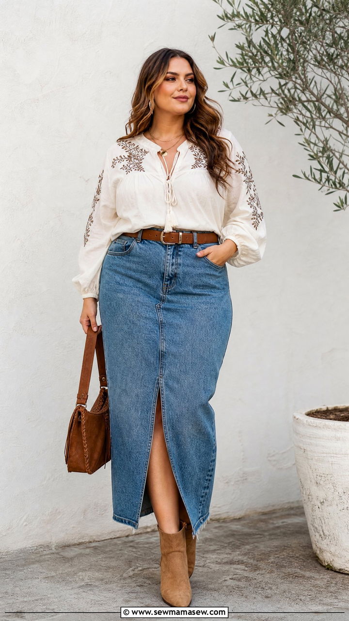 Plus Size Boho Top With Denim Maxi Skirt - 20 plus size boho top outfit ideas