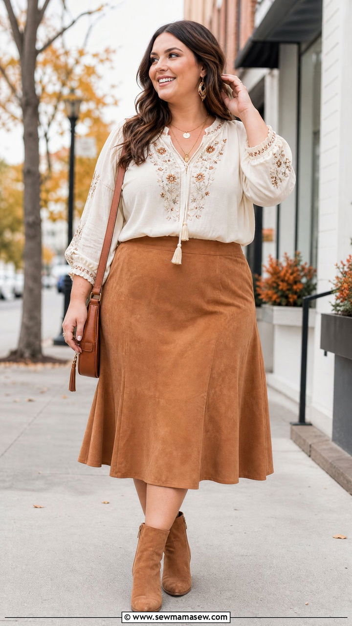 Plus Size Boho Top With Faux Suede Skirt - 20 plus size boho top outfit ideas
