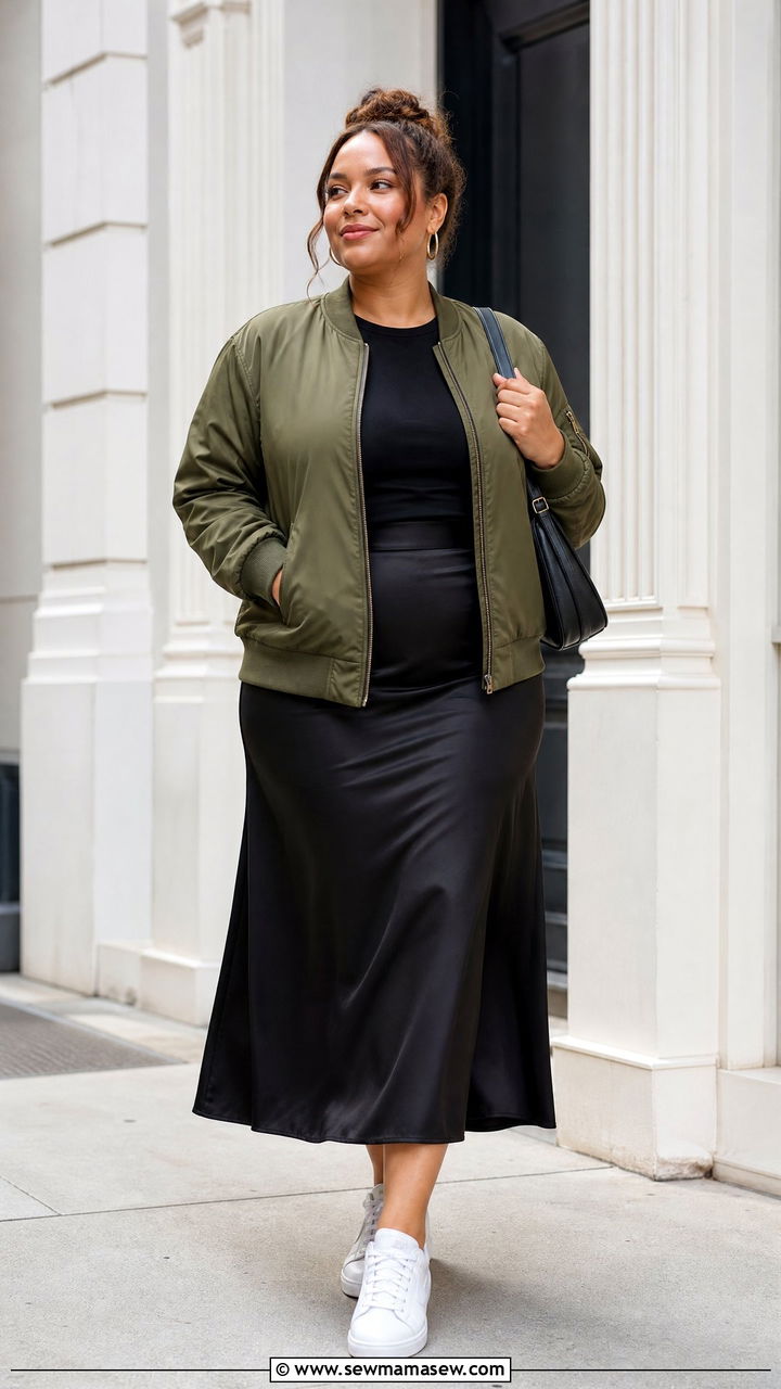 Plus Size Bomber Jacket And Midi Skirt Outfit - 20 plus size transitional fall outfits