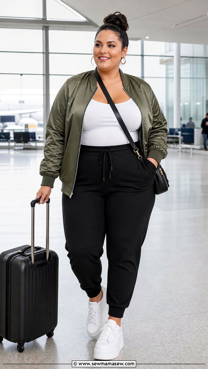 Plus Size Bomber Jacket Outfit With Joggers - 20 plus size layering outfit ideas