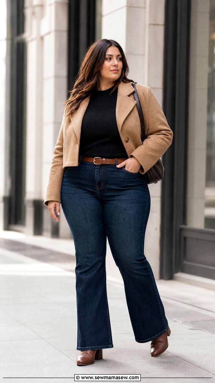 Plus Size Bootcut Jeans And Heeled Boots Outfit - 20 plus size outfits to look slimmer