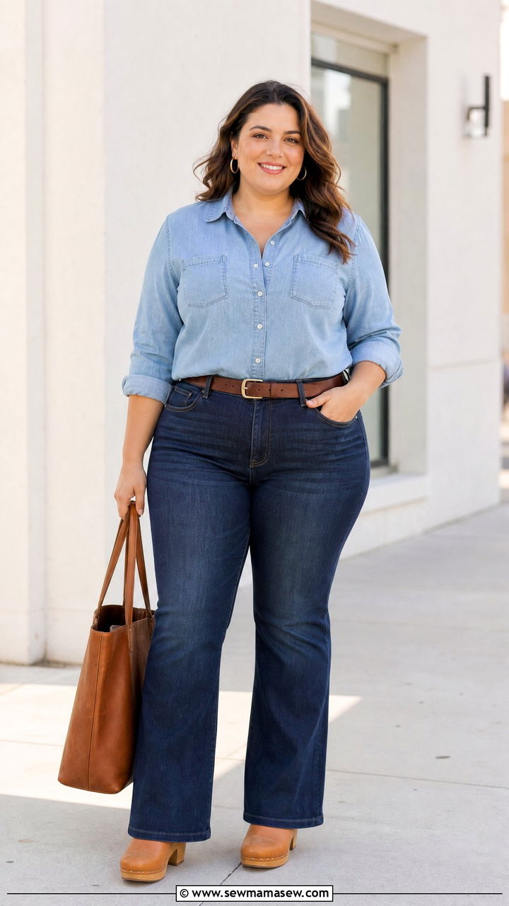 Plus Size Bootcut Jeans With Chambray Shirt - 20 plus size bootcut jeans outfit ideas