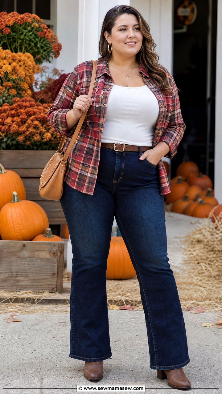 Plus Size Bootcut Jeans With Flannel Shirt - 20 plus size fall outfit ideas with jeans