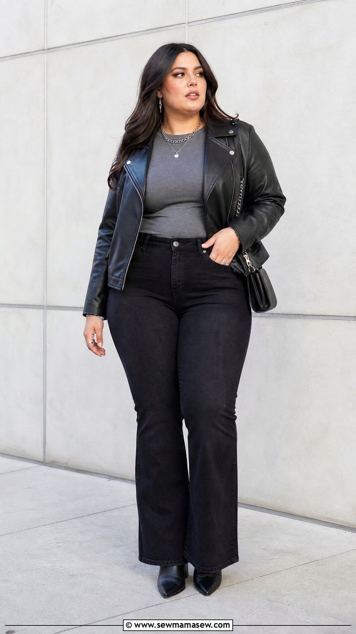 Plus Size Bootcut Jeans With Leather Jacket - 20 plus size bootcut jeans outfit ideas