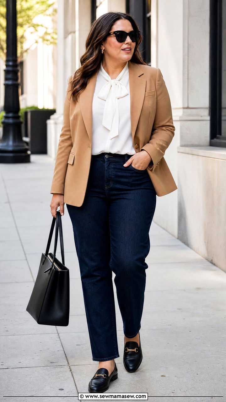 Plus Size Bow Blouse With Blazer And Jeans - 20 plus size bow blouse outfit ideas