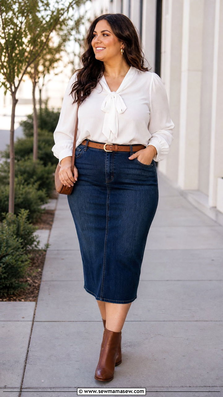 Plus Size Bow Blouse With Denim Skirt - 20 plus size bow blouse outfit ideas