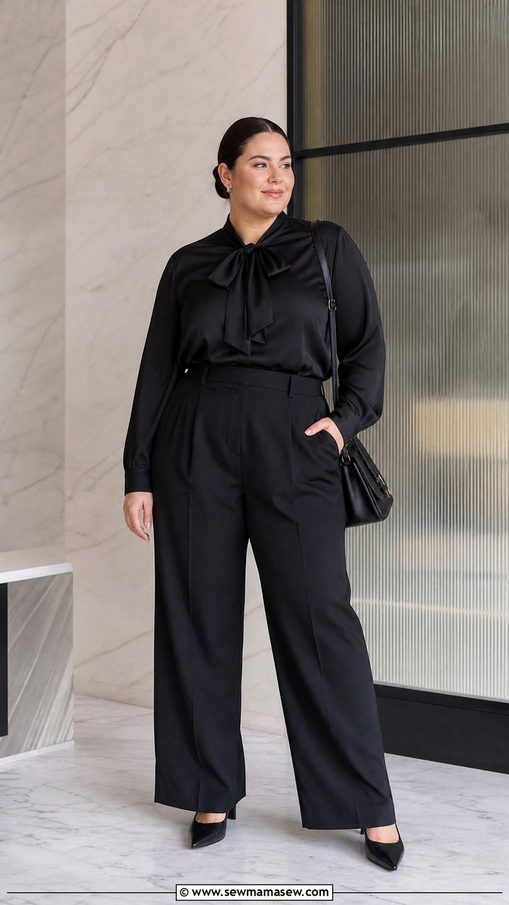 Plus Size Bow Blouse With Monochrome Outfit - 20 plus size bow blouse outfit ideas