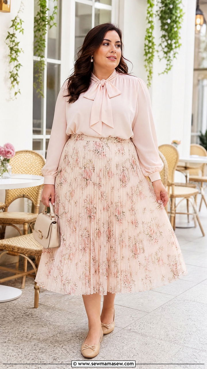 Plus Size Bow Blouse With Pleated Midi Skirt - 20 plus size bow blouse outfit ideas