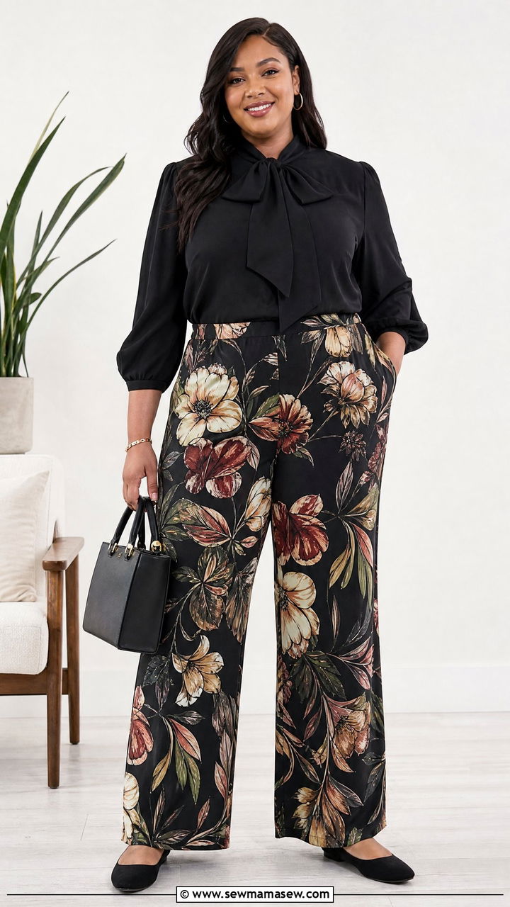 Plus Size Bow Blouse With Printed Pants - 20 plus size bow blouse outfit ideas