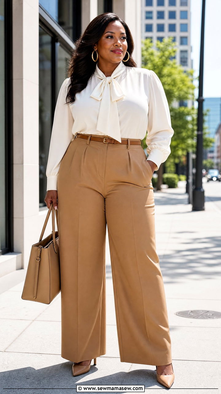 Plus Size Bow Blouse With Wide Leg Pants - 20 plus size bow blouse outfit ideas