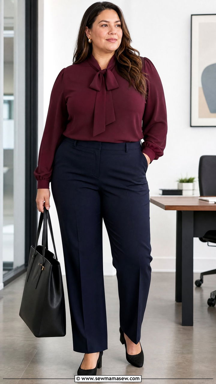 Plus Size Bow Blouse With Work Pants - 20 plus size bow blouse outfit ideas
