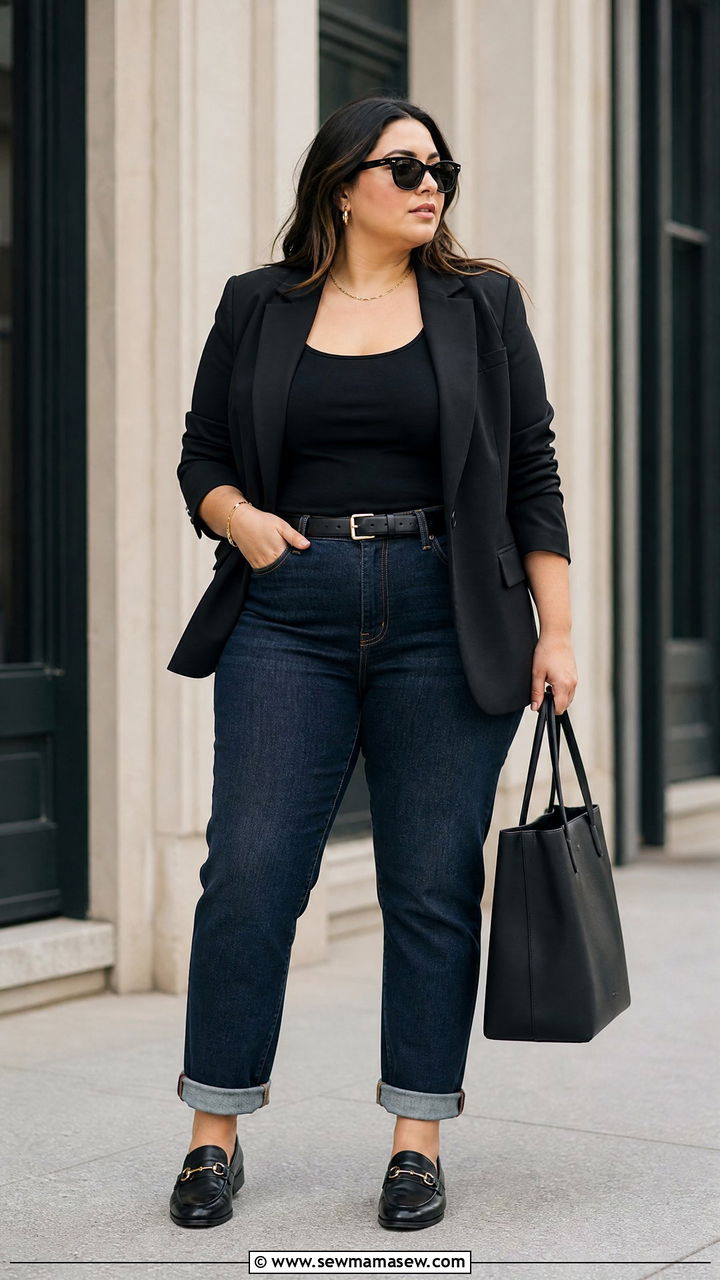 Plus Size Boyfriend Jeans With Black Blazer And Loafers - 20 plus size boyfriend jeans outfit ideas