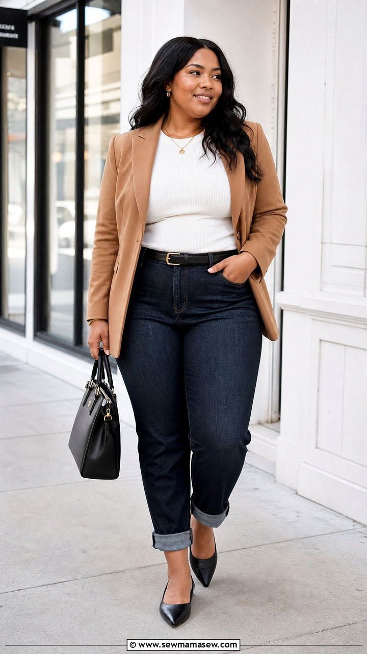 Plus Size Boyfriend Jeans With Blazer And Pointed Toe Flats - 20 plus size boyfriend jeans outfit ideas