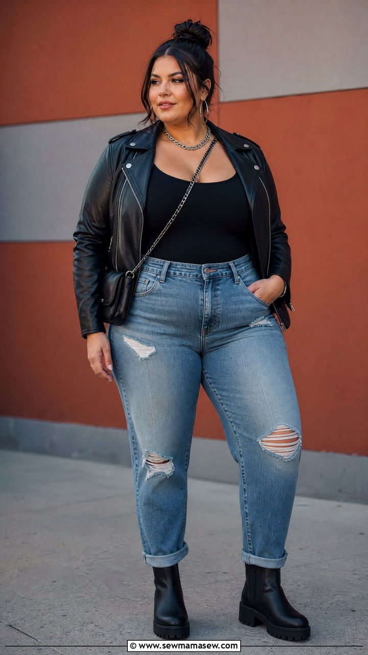 Plus Size Boyfriend Jeans With Bodysuit And Moto Jacket - 20 plus size boyfriend jeans outfit ideas