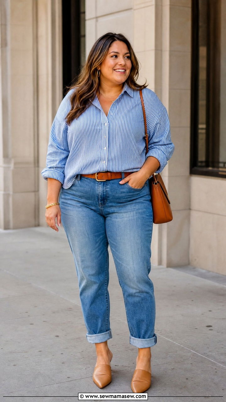 Plus Size Boyfriend Jeans With Button Down Shirt And Mules - 20 plus size boyfriend jeans outfit ideas