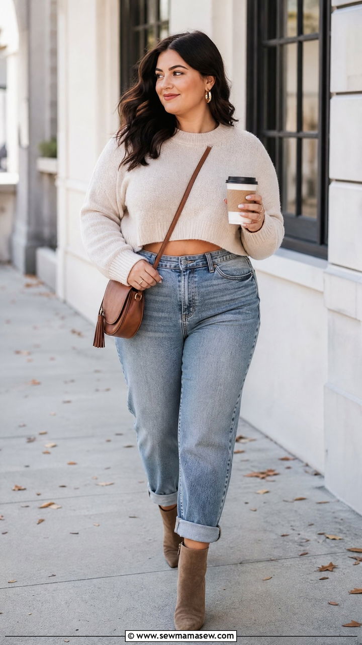 Plus Size Boyfriend Jeans With Cropped Sweater And Ankle Boots - 20 plus size boyfriend jeans outfit ideas