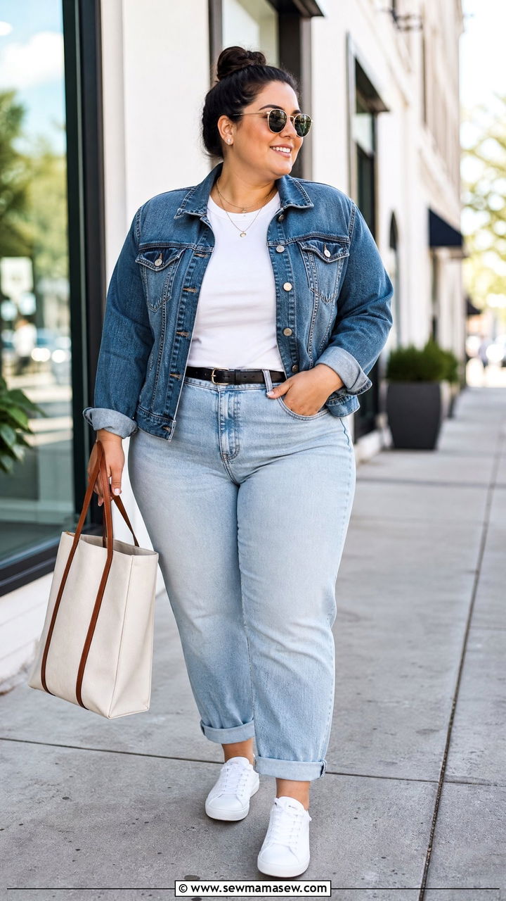Plus Size Boyfriend Jeans With Denim Jacket And White Sneakers - 20 plus size boyfriend jeans outfit ideas
