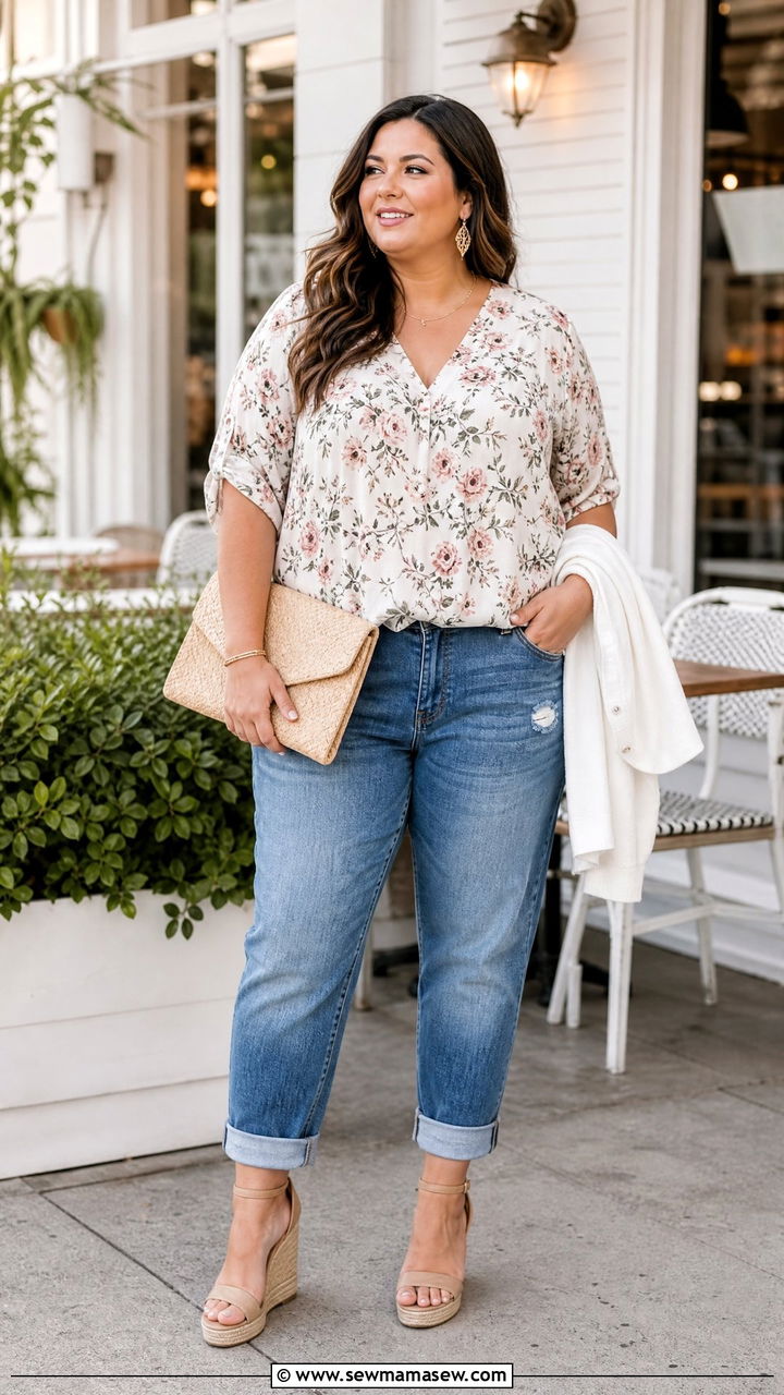 Plus Size Boyfriend Jeans With Floral Blouse And Wedges - 20 plus size boyfriend jeans outfit ideas