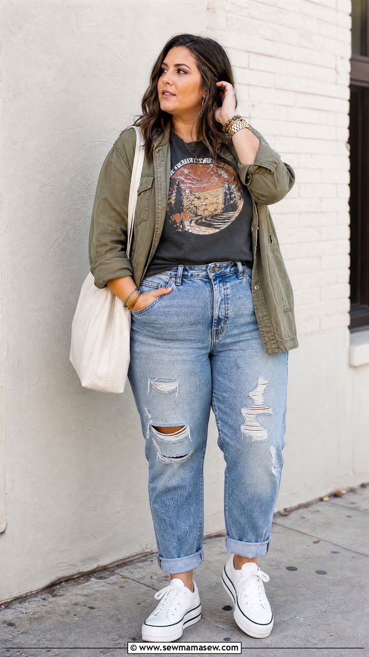 Plus Size Boyfriend Jeans With Graphic Tee And Platform Sneakers - 20 plus size boyfriend jeans outfit ideas