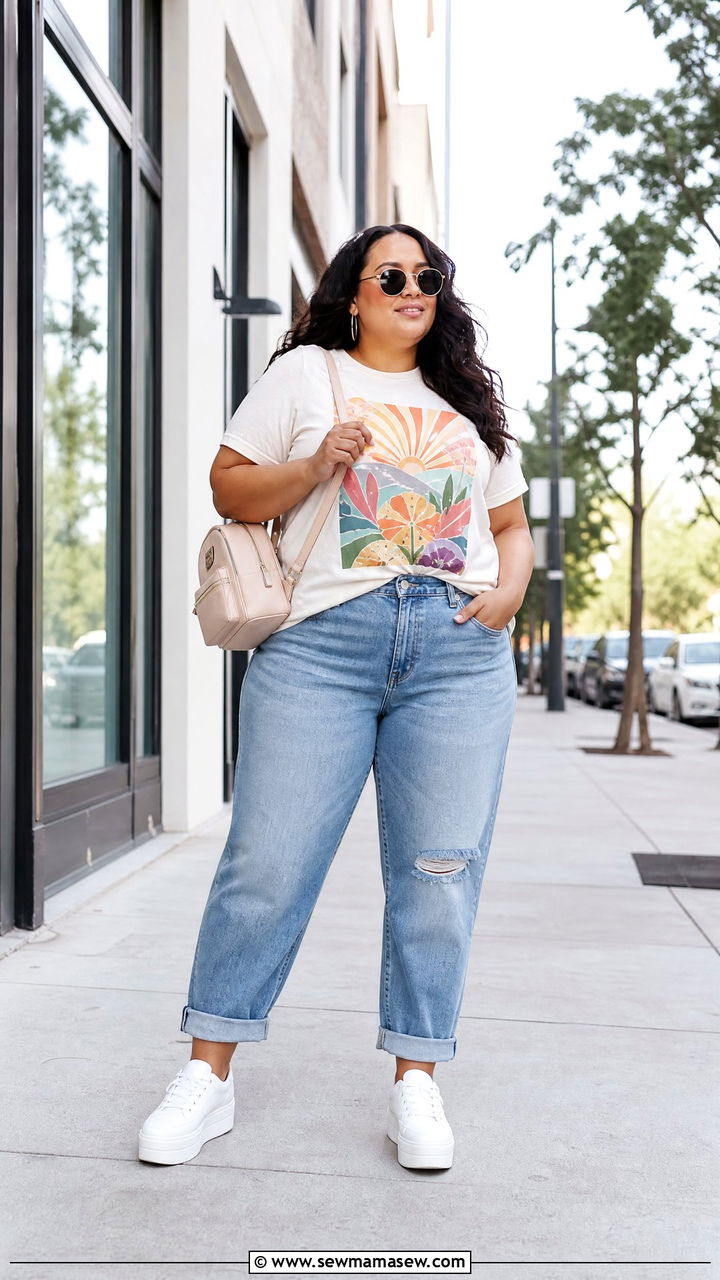 Plus Size Boyfriend Jeans With Graphic Tee - 20 plus size summer outfit ideas with jeans