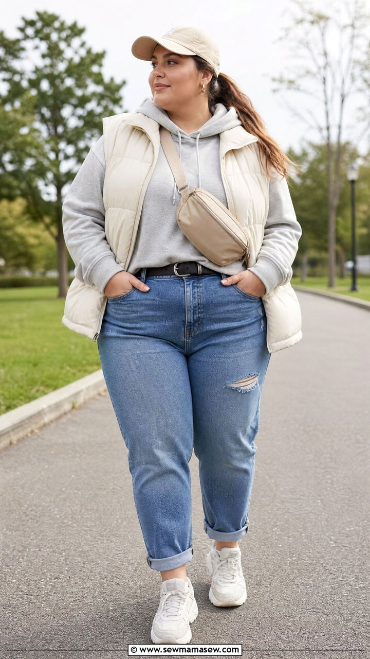 Plus Size Boyfriend Jeans With Hoodie And Puffer Vest - 20 plus size boyfriend jeans outfit ideas