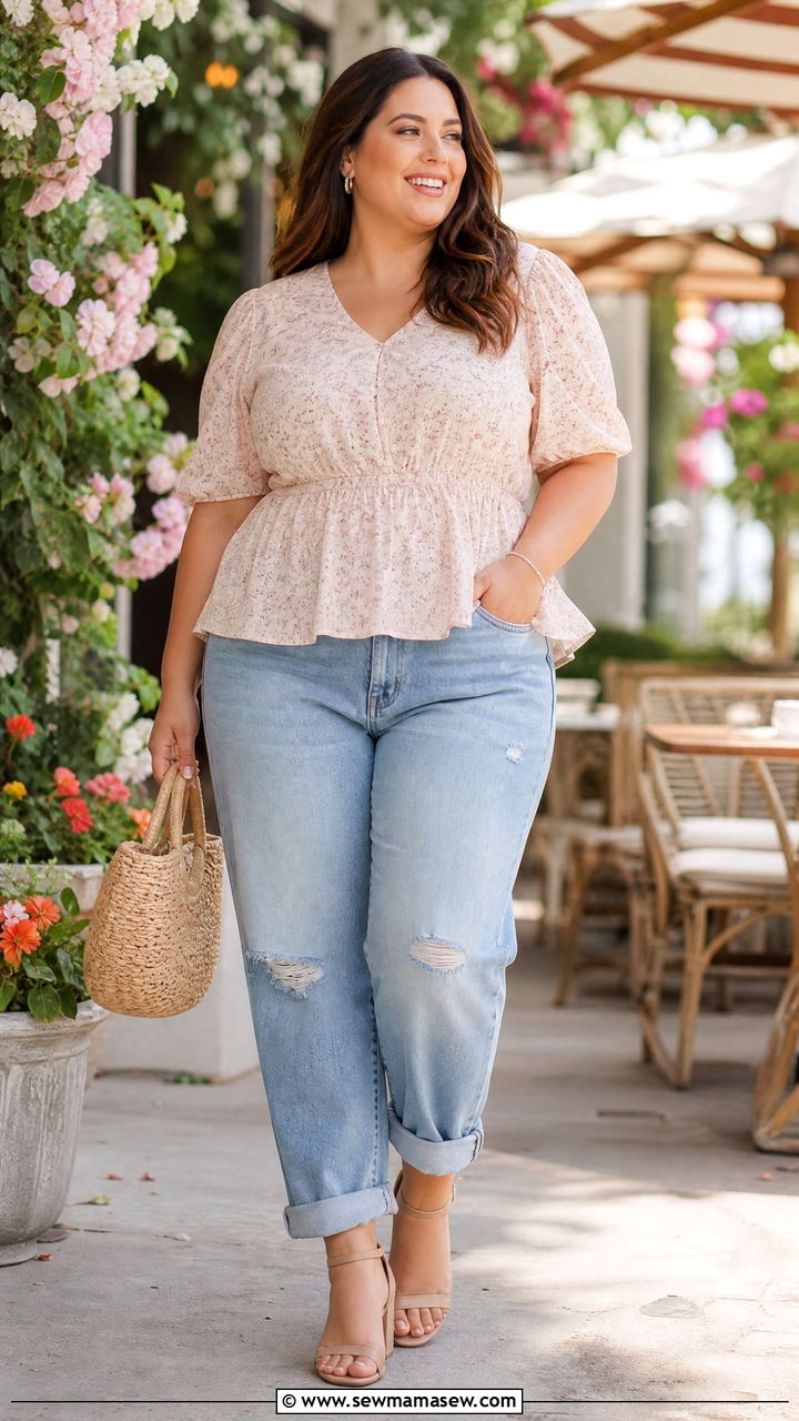 Plus Size Boyfriend Jeans With Peplum Top And Sandals - 20 plus size boyfriend jeans outfit ideas