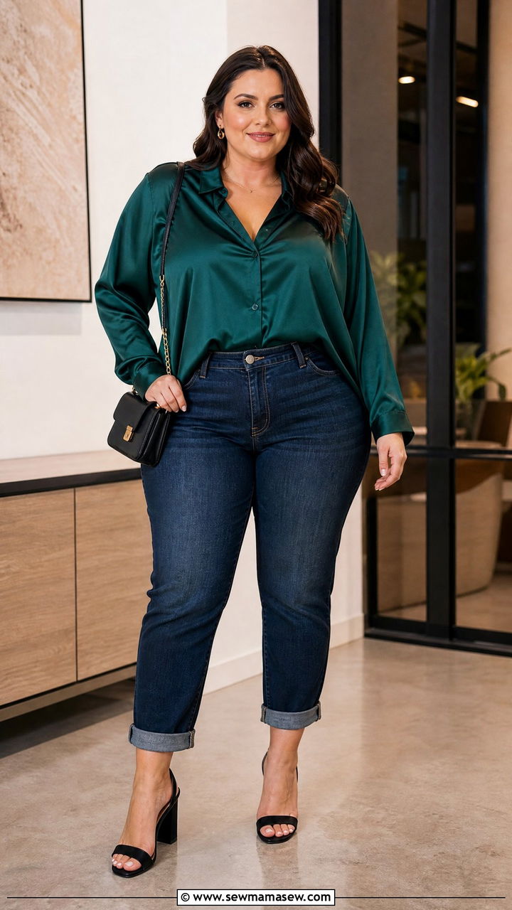 Plus Size Boyfriend Jeans With Satin Blouse And Heels - 20 plus size boyfriend jeans outfit ideas