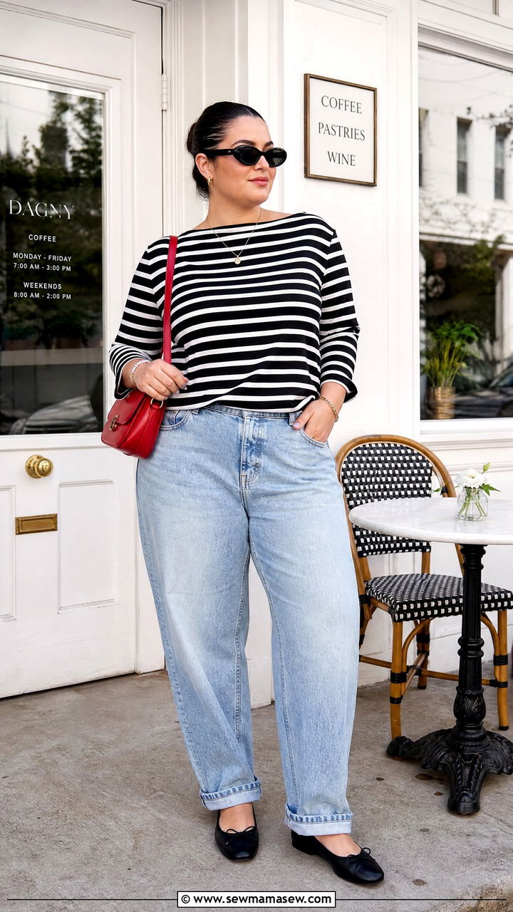 Plus Size Boyfriend Jeans With Striped Top And Ballet Flats - 20 plus size boyfriend jeans outfit ideas