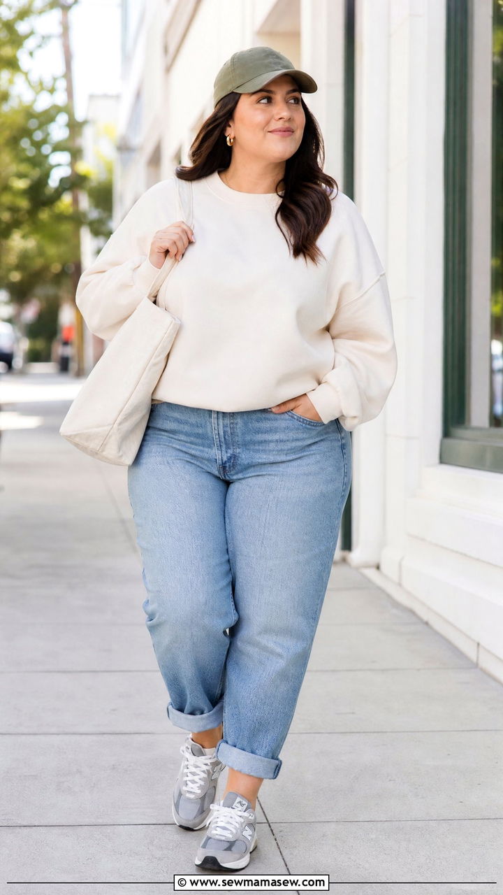 Plus Size Boyfriend Jeans With Sweatshirt And New Balance Sneakers - 20 plus size boyfriend jeans outfit ideas