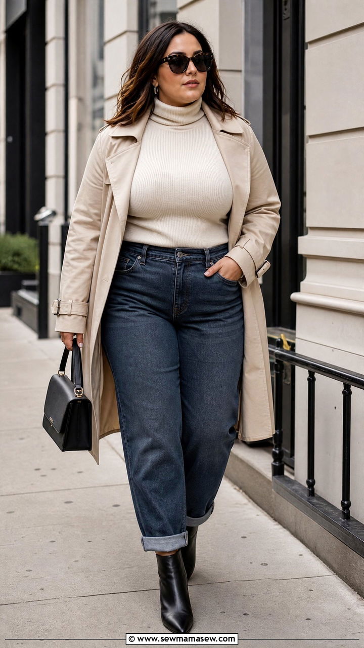 Plus Size Boyfriend Jeans With Turtleneck And Trench Coat - 20 plus size boyfriend jeans outfit ideas