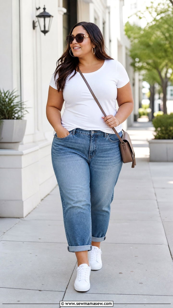 Plus Size Boyfriend Jeans With White T Shirt And Sneakers - 20 plus size boyfriend jeans outfit ideas