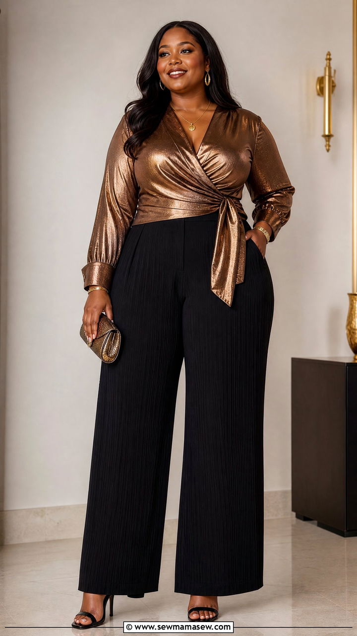 Plus Size Bronze Metallic Top With Black Trousers - 20 plus size metallic top outfit ideas