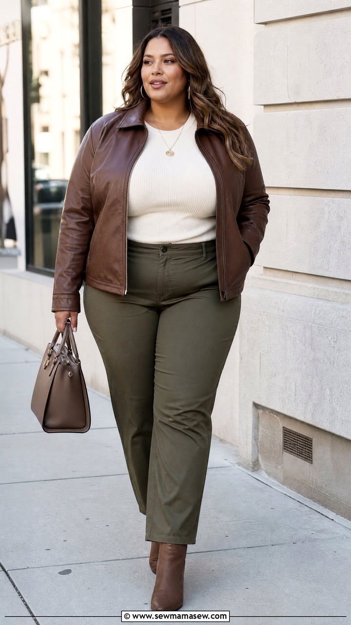 Plus Size Brown Leather Jacket Outfit - 20 plus size earth tone outfit ideas