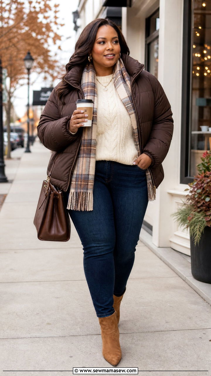Plus Size Brown Puffer Jacket With Cream Sweater - 20 plus size puffer jacket outfit ideas