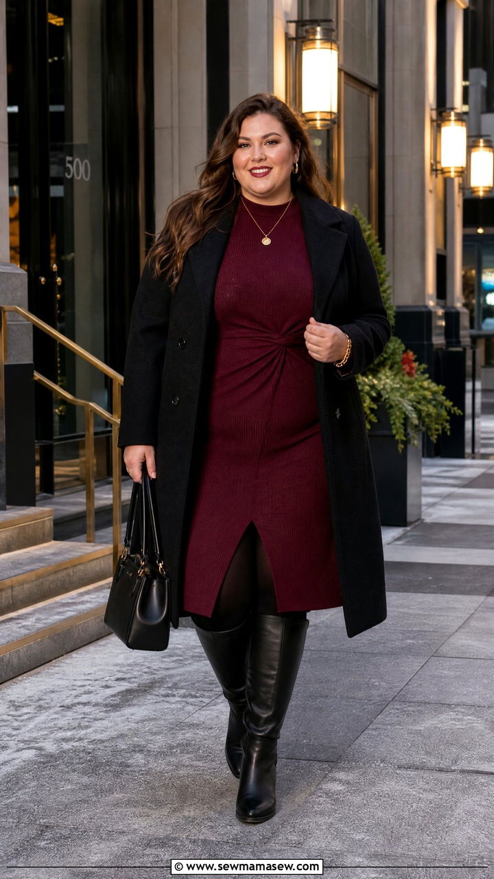 Plus Size Burgundy Dress With Black Boots - 20 plus size winter date night outfit ideas