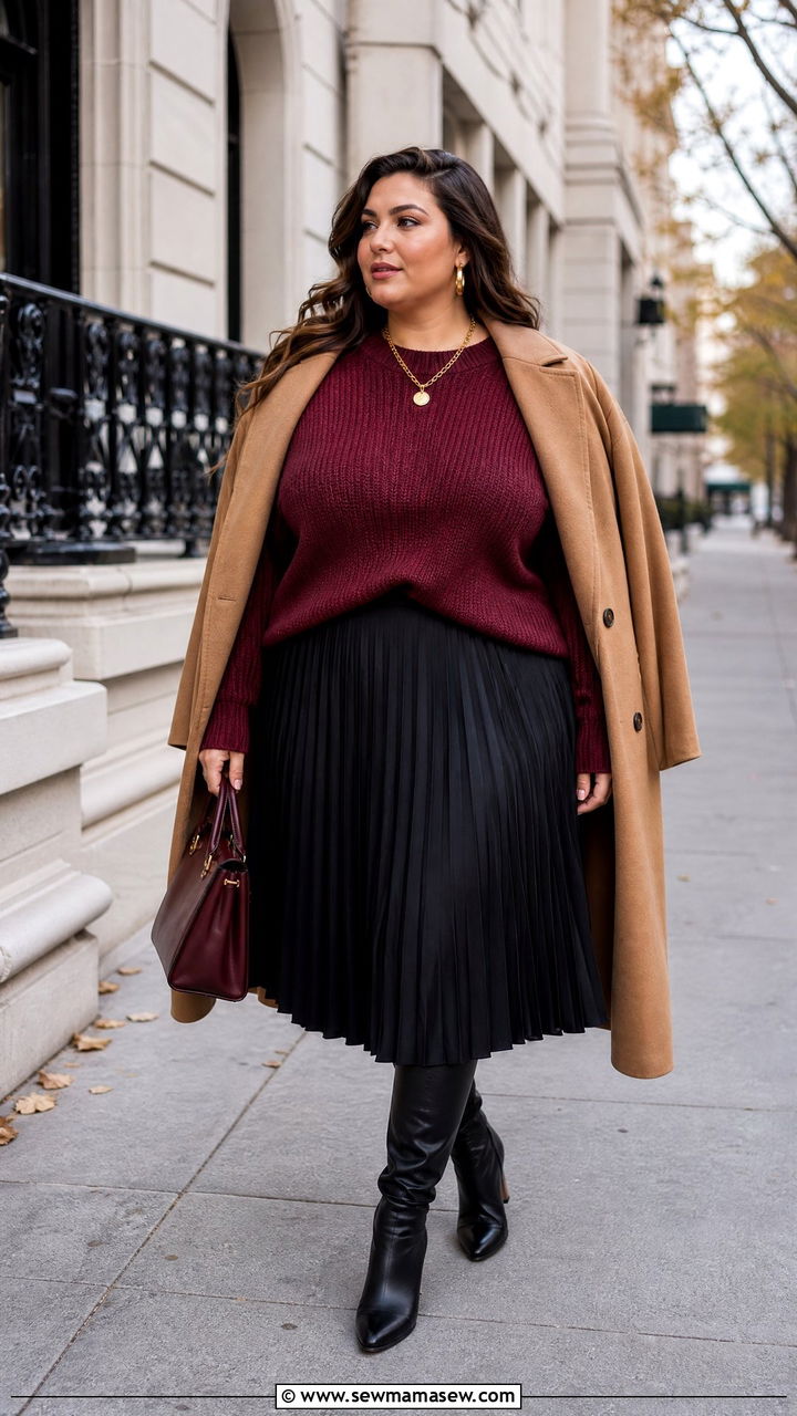 Plus Size Burgundy Sweater And Skirt Outfit - 20 plus size jewel tone outfit ideas