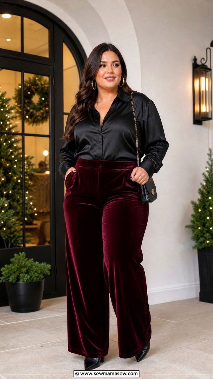 Plus Size Burgundy Velvet Pants Outfit - 20 plus size holiday party outfit ideas